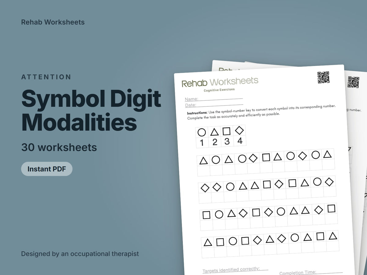 Symbol Digit Modalities, 30 worksheets: cover showing real pages from the set