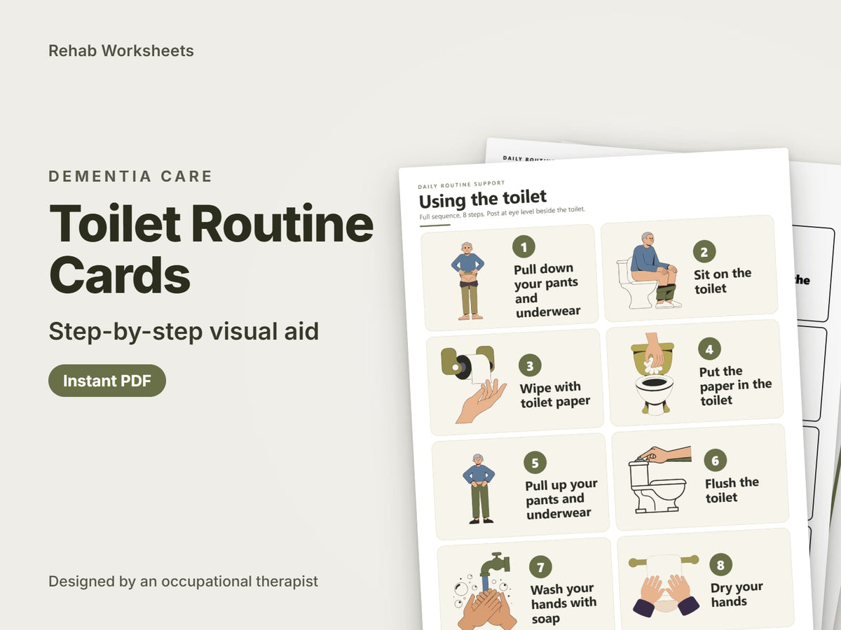 Toilet Routine Cards, step-by-step visual aid: cover showing real pages from the set