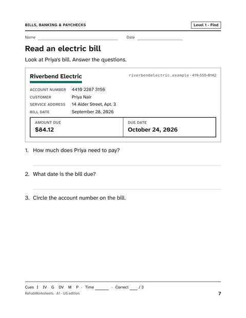 Bills, Banking & Paychecks worksheet 1: Read an electric bill