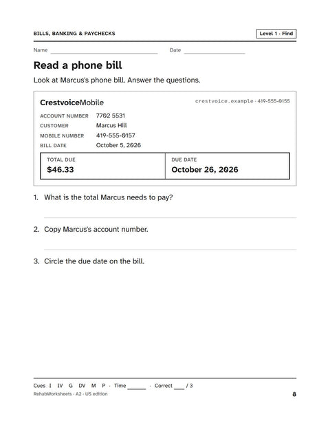 Bills, Banking & Paychecks worksheet 2: Read a phone bill
