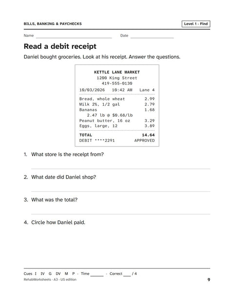 Bills, Banking & Paychecks worksheet 3: Read a debit receipt