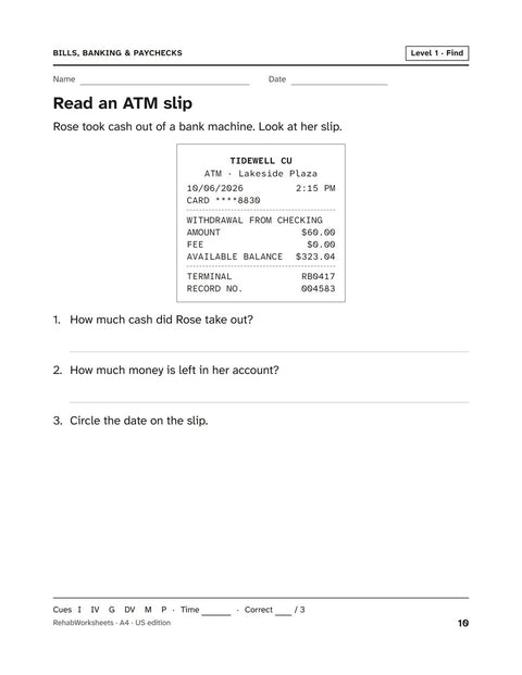 Bills, Banking & Paychecks worksheet 4: Read an ATM slip