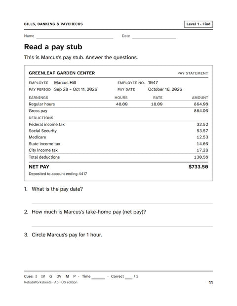 Bills, Banking & Paychecks worksheet 5: Read a pay stub