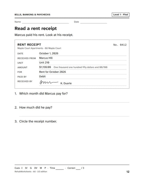 Bills, Banking & Paychecks worksheet 6: Read a rent receipt