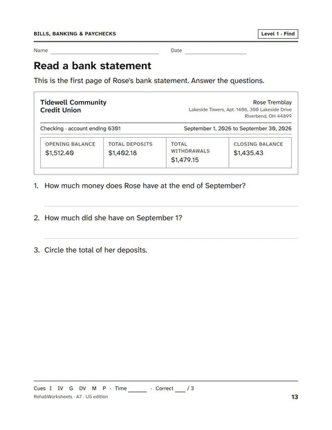 Bills, Banking & Paychecks worksheet 7: Read a bank statement