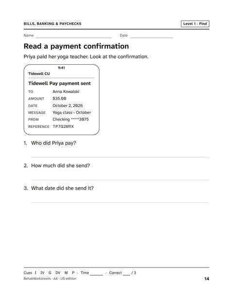 Bills, Banking & Paychecks worksheet 8: Read a payment confirmation