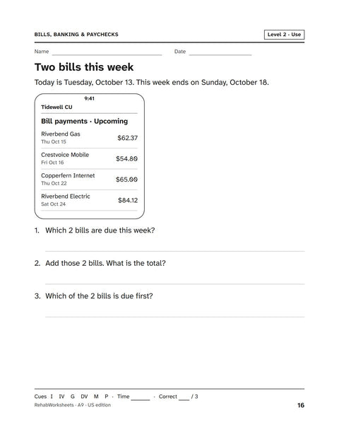 Bills, Banking & Paychecks worksheet 9: Two bills this week
