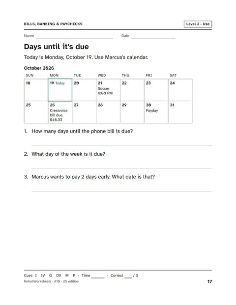 Bills, Banking & Paychecks worksheet 10: Days until it's due