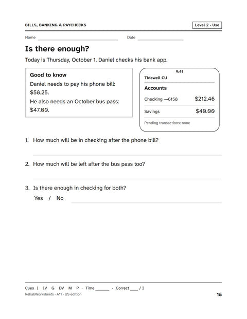 Bills, Banking & Paychecks worksheet 11: Is there enough?