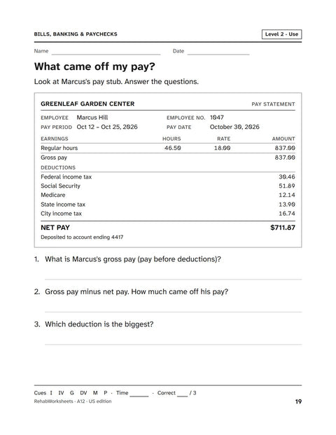 Bills, Banking & Paychecks worksheet 12: What came off my pay?