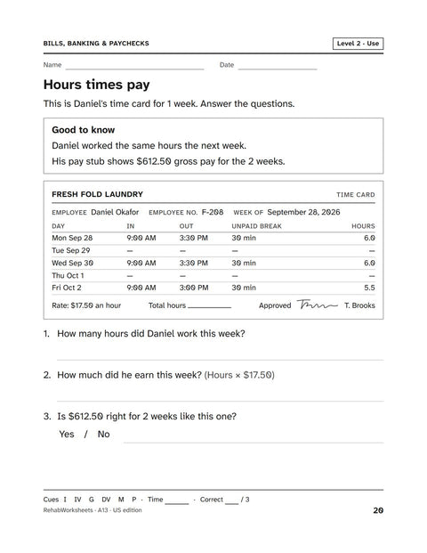 Bills, Banking & Paychecks worksheet 13: Hours times pay