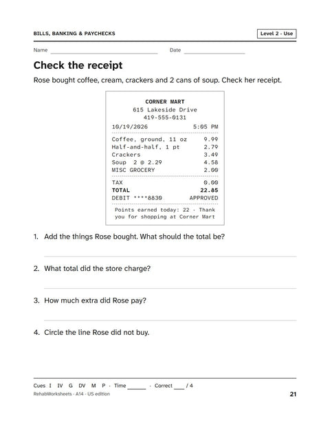 Bills, Banking & Paychecks worksheet 14: Check the receipt