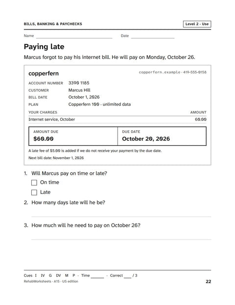 Bills, Banking & Paychecks worksheet 15: Paying late