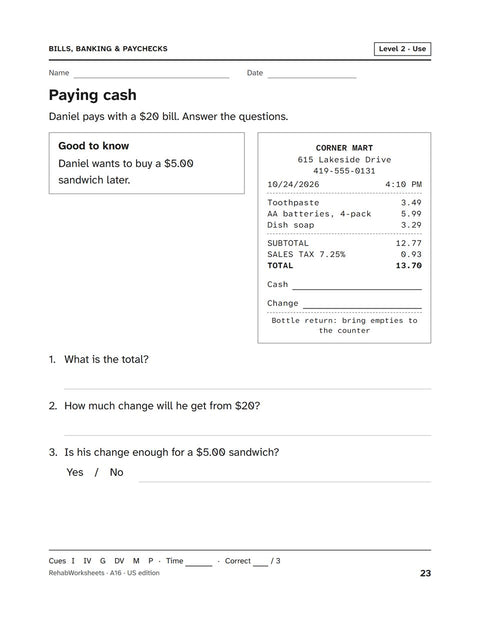 Bills, Banking & Paychecks worksheet 16: Paying cash