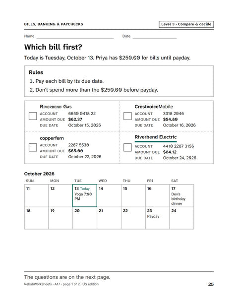 Bills, Banking & Paychecks worksheet 17: Which bill first?