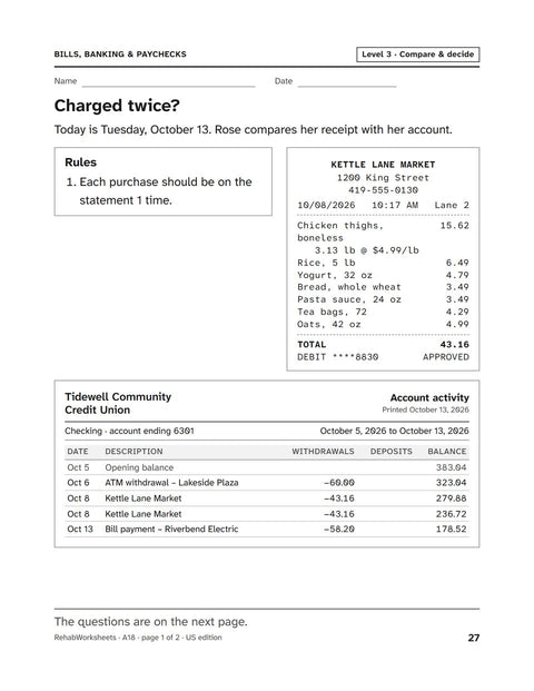 Bills, Banking & Paychecks worksheet 18: Charged twice?