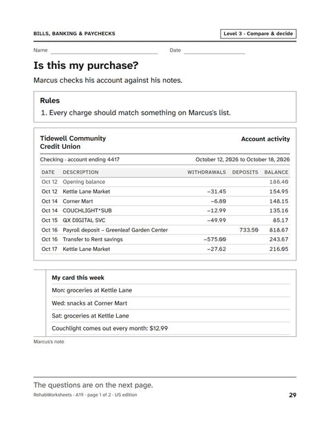 Bills, Banking & Paychecks worksheet 19: Is this my purchase?