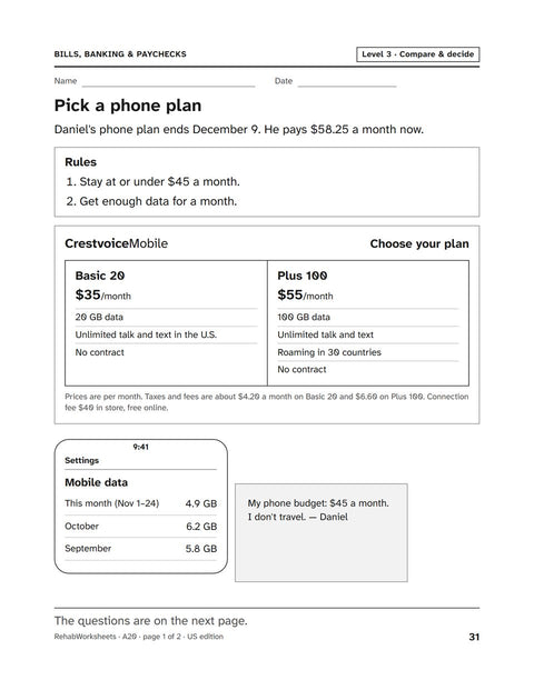Bills, Banking & Paychecks worksheet 20: Pick a phone plan