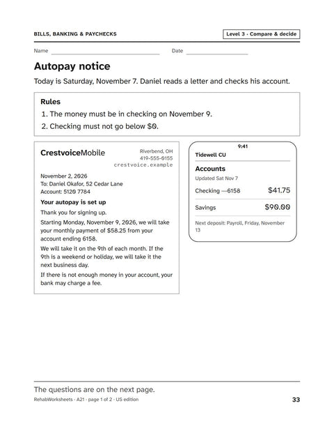 Bills, Banking & Paychecks worksheet 21: Autopay notice