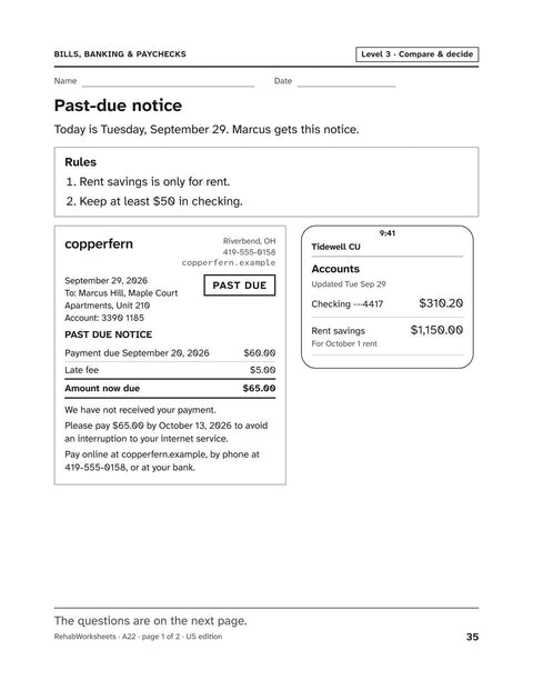 Bills, Banking & Paychecks worksheet 22: Past-due notice