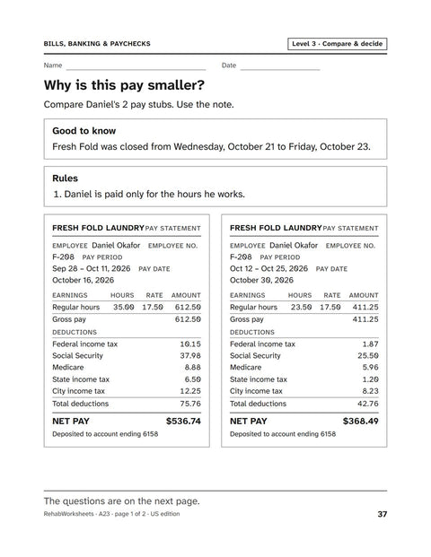 Bills, Banking & Paychecks worksheet 23: Why is this pay smaller?