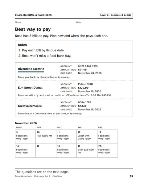 Bills, Banking & Paychecks worksheet 24: Best way to pay