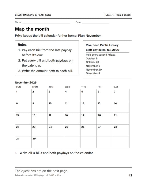 Bills, Banking & Paychecks worksheet 25: Map the month