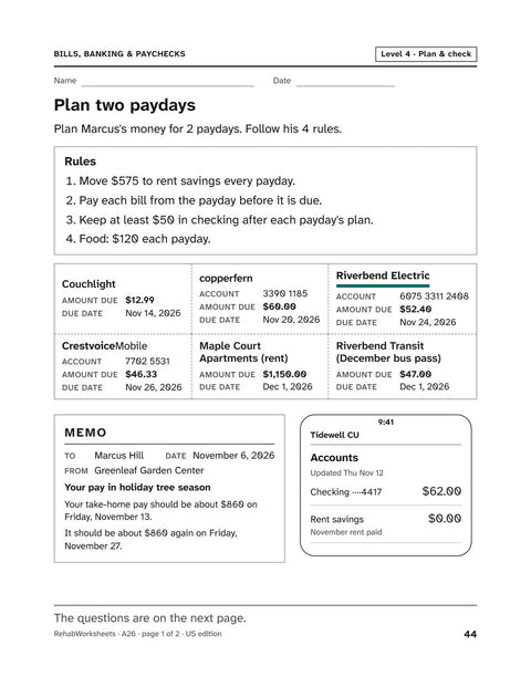 Bills, Banking & Paychecks worksheet 26: Plan two paydays