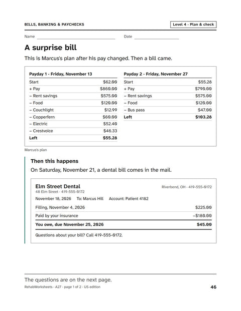 Bills, Banking & Paychecks worksheet 27: A surprise bill