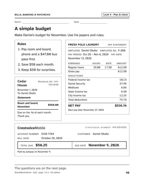 Bills, Banking & Paychecks worksheet 28: A simple budget