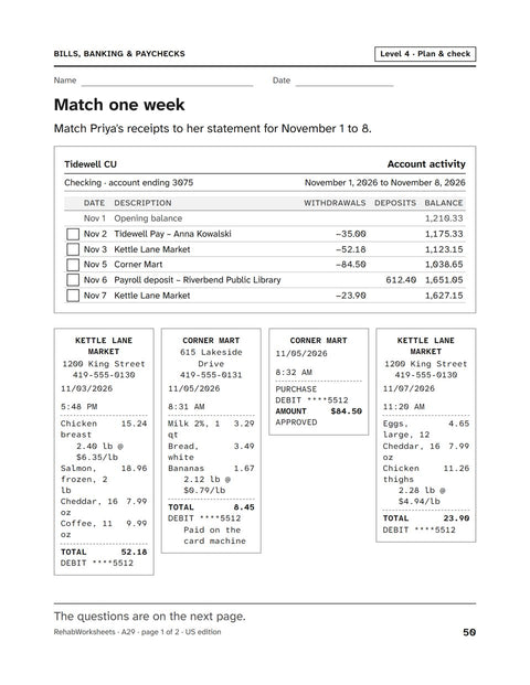Bills, Banking & Paychecks worksheet 29: Match one week