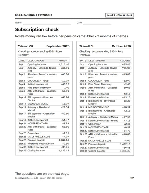 Bills, Banking & Paychecks worksheet 30: Subscription check