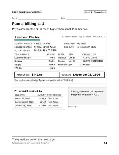 Bills, Banking & Paychecks worksheet 31: Plan a billing call