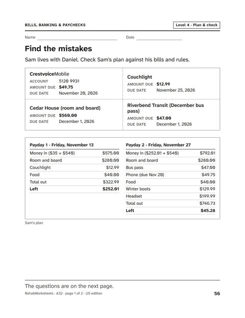 Bills, Banking & Paychecks worksheet 32: Find the mistakes