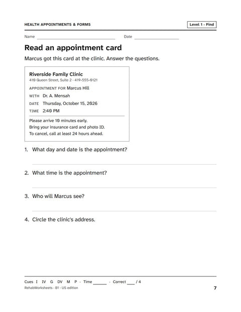 Health Appointments & Forms worksheet 1: Read an appointment card