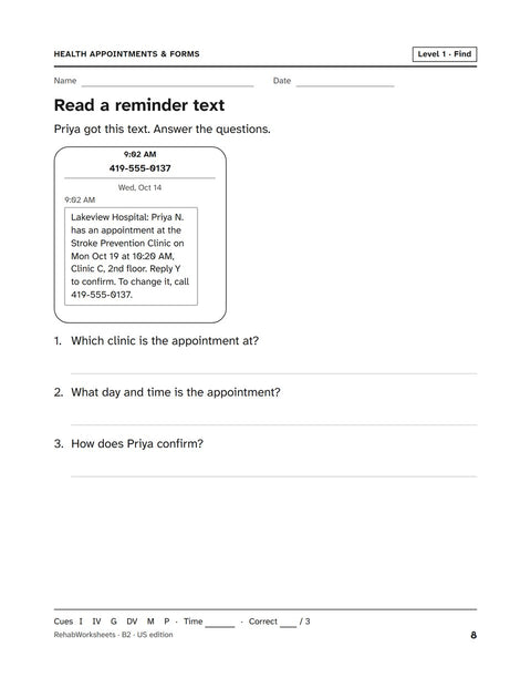 Health Appointments & Forms worksheet 2: Read a reminder text