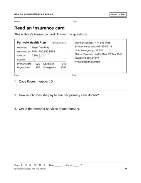 Health Appointments & Forms worksheet 3: Read an insurance card