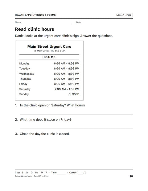 Health Appointments & Forms worksheet 4: Read clinic hours