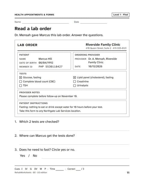 Health Appointments & Forms worksheet 5: Read a lab order