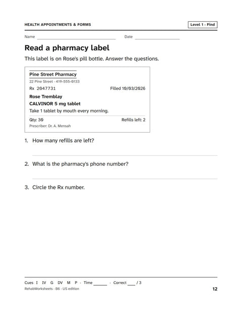 Health Appointments & Forms worksheet 6: Read a pharmacy label