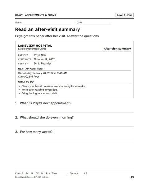 Health Appointments & Forms worksheet 7: Read an after-visit summary