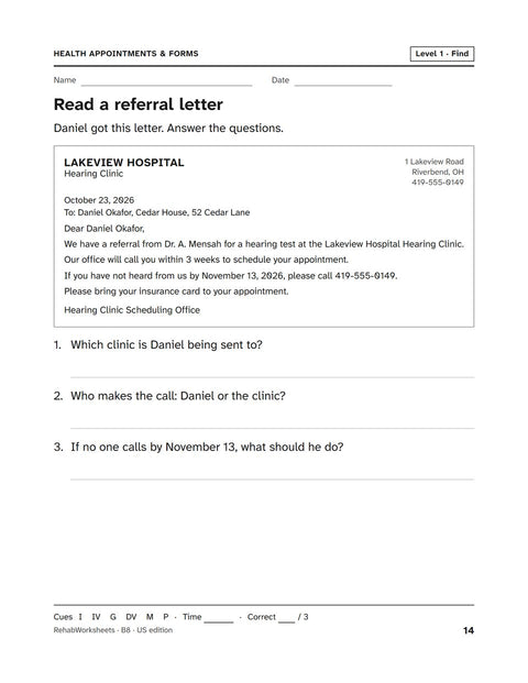 Health Appointments & Forms worksheet 8: Read a referral letter
