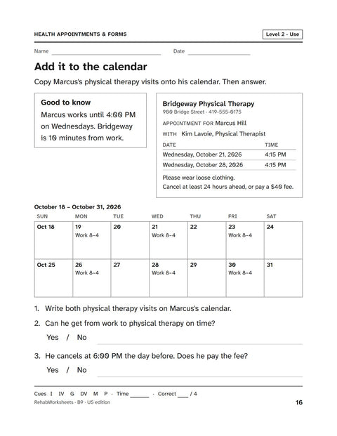 Health Appointments & Forms worksheet 9: Add it to the calendar