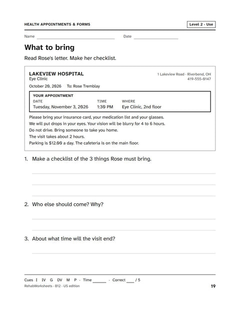 Health Appointments & Forms worksheet 12: What to bring