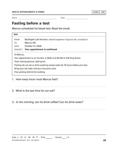 Health Appointments & Forms worksheet 13: Fasting before a test