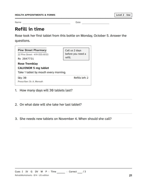 Health Appointments & Forms worksheet 14: Refill in time