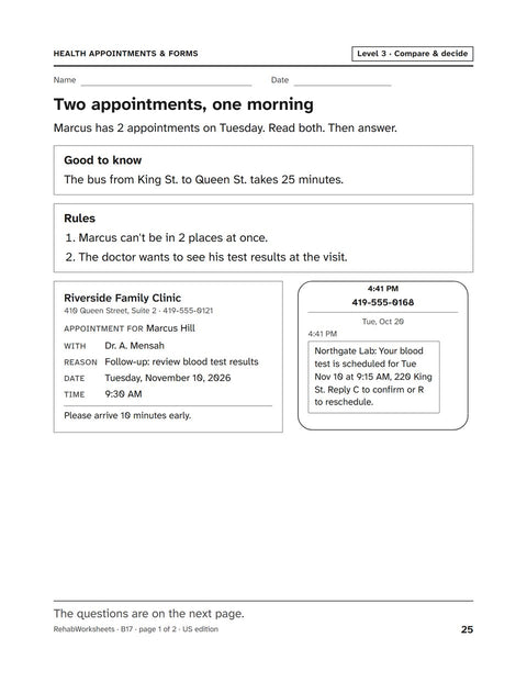 Health Appointments & Forms worksheet 17: Two appointments, one morning