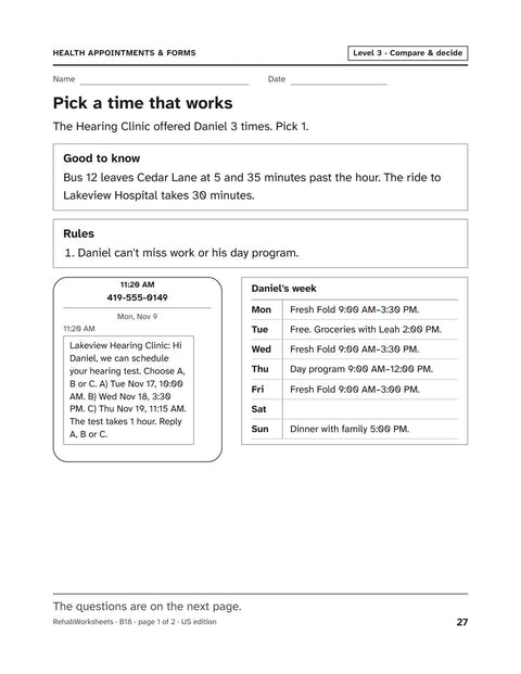 Health Appointments & Forms worksheet 18: Pick a time that works