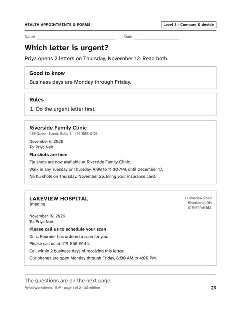 Health Appointments & Forms worksheet 19: Which letter is urgent?