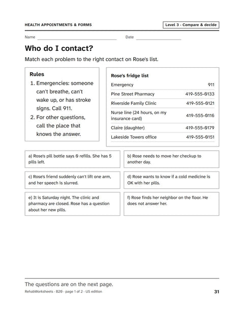 Health Appointments & Forms worksheet 20: Who do I contact?